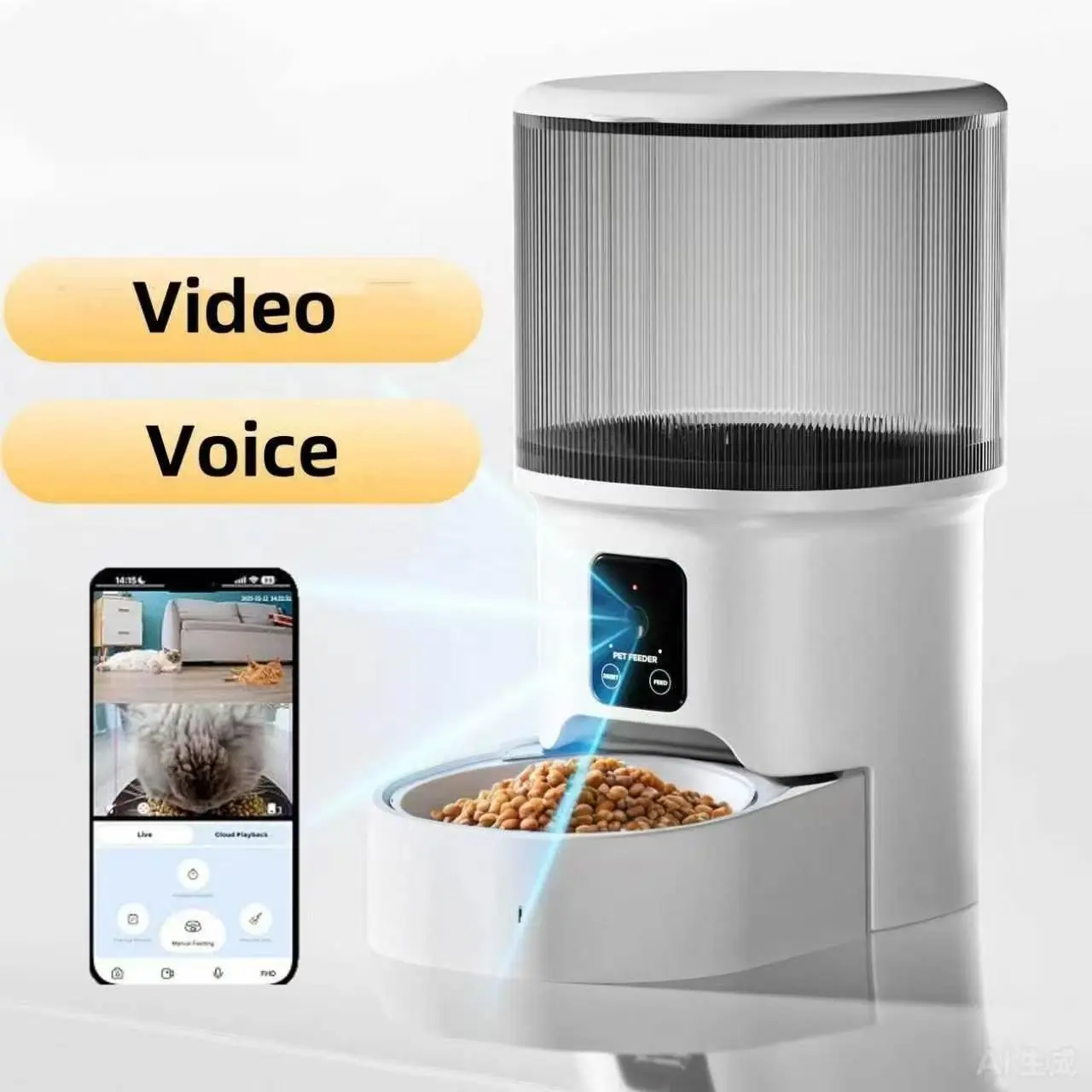 Smart Automatic Pet Food Feeder with Camera, HD Video Monitoring, APP Remote Control, Timed Portion Dispenser, Remote Voice Control for Cats, Dogs, Busy Owners at Home