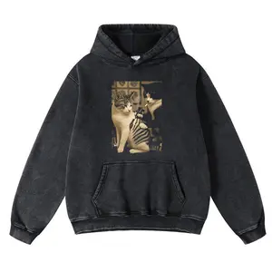 WACKY CAT Hoodie Vintage High-Quality Crew Neck oversized loose Fit Cotton Fabric Casual Comfort Windproof Warm Funny Long Sleeve Sweatshirt Fashion for Men and Women Top Daily Wear 102403