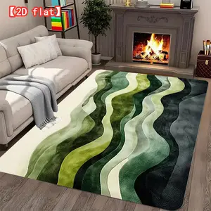 2D flat large hit velvet carpet, green wave abstract painting living room carpet, modern home decoration carpet for hallway, bedroom, and game room, Modern Abstract Rug