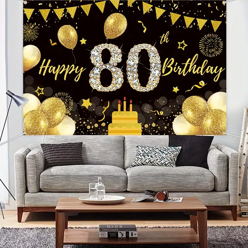 80th Birthday Party Backdrop Banner - Black & Golden Glittery "80" Number Sign with "Happy 80th Birthday" Text, Balloons & Cake Design for Men & Women, Polyester Photo Booth Background for Milestone Celebrations, Birthday Party Decorations White,summervib