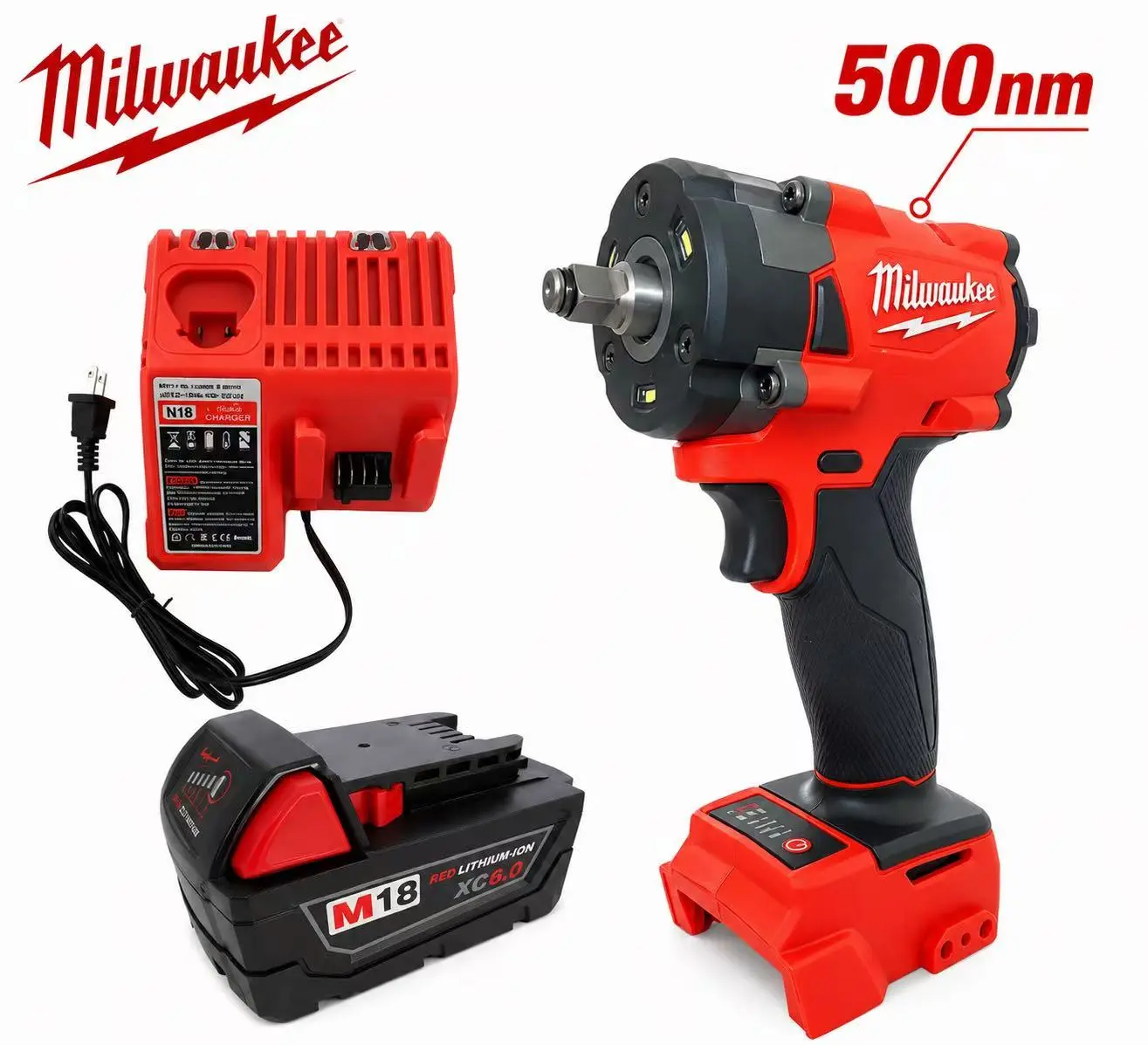 Milwaukee FIW212 M18 18V 500Nm Cordless Impact Wrench Brushless Battery Kit for Construction Hand Tool with 1 Battery and 1 Charger