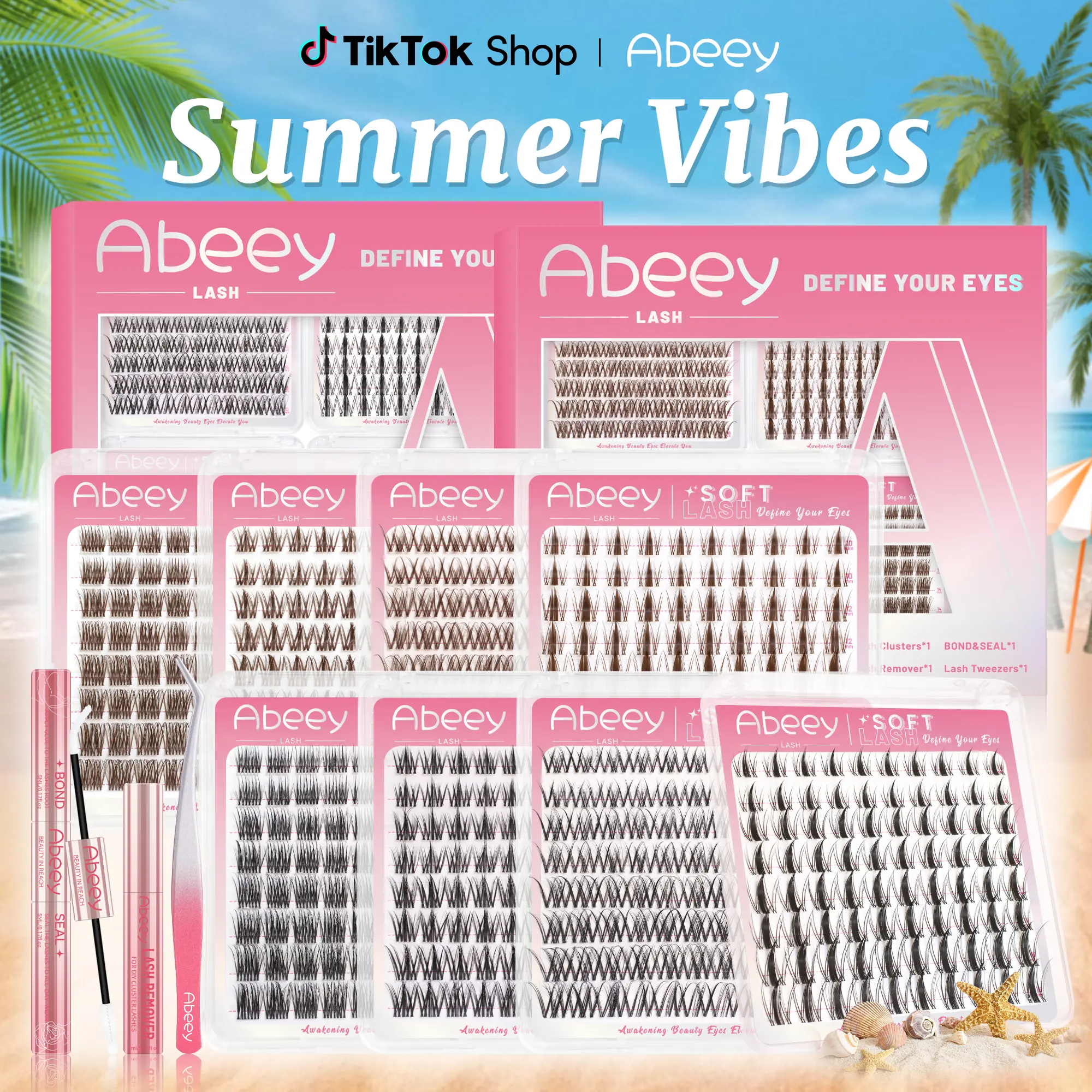 Abeey Brown Lash Clusters Kit (336PCS, 4 Trays, 4 Styles) I D Curl Wispy DIY Eyelash Extensions - Soft Natural Look, Waterproof & Long-Lasting Lash Set for Beginners