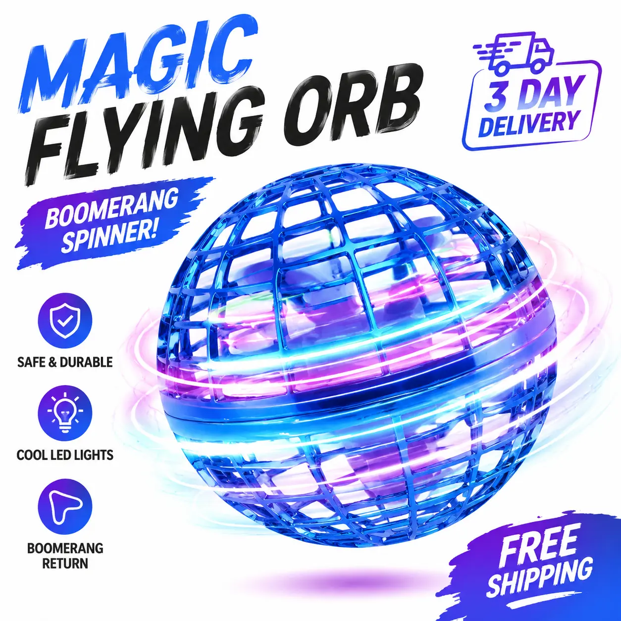 4.33-inch LED Flying Orb Ball - Hand-Controlled Hover Glide Boomerang Sphere, RGB Lights, USB-Rechargeable Spinner, 360° Rotating UFO Collectibles, 3D Sphere Specialty Statues & Figurines for Party Fun, Birthday Gift