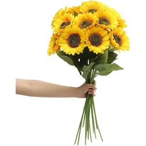 6PCS Artificial Sunflower Flowers Long Stem Silk Fake Large Sunflowers Decoration for Outdoor Home Wedding Birthday Party Single Bulk Yellow Decor