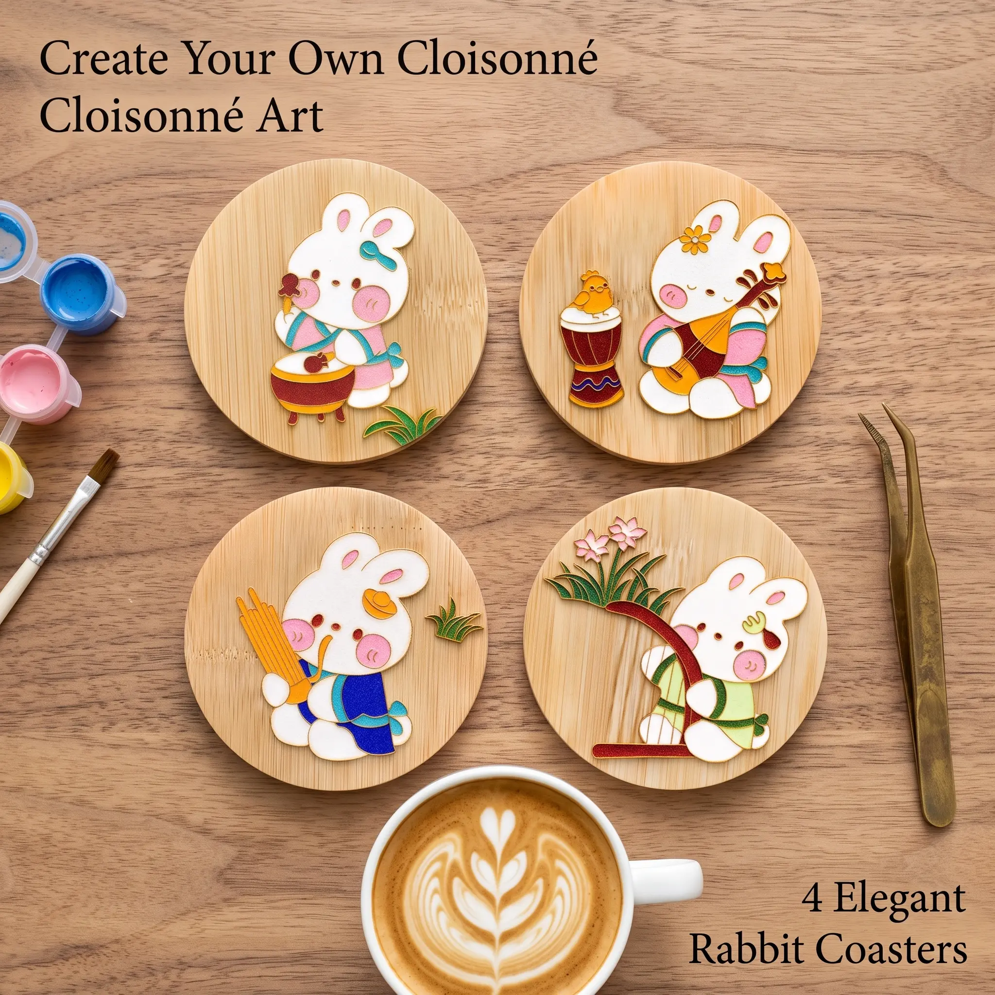 DIY Filigree Cloisonné Enamel Coaster Kit - 4 Rabbit Design Craft Set with Tools & Glue, Beginner-Friendly Traditional Colorful Coffee/Tea Tableware Making Kit for Adults, Home Decor Gift