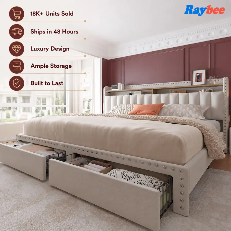 RaybeeFurniture Bed frame for Queen with 2 Storage Drawer & 48" Tall Upholstered Neilhead Tufted Bookcase Headboard, NO Noise, Modern Platform Bed for KING, FULL Bedroom Apartment Dorms Compact Space, Metal Frame Capacity 900 LBS #tiktokshopsummersale