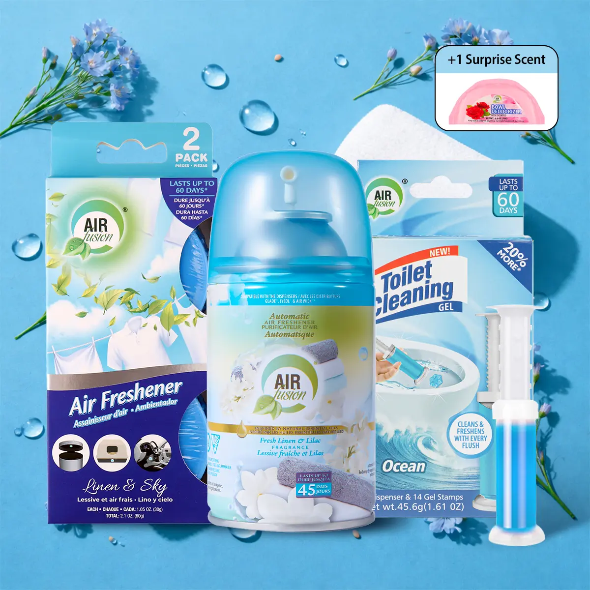 Air Fusion Coastal Breeze 3-Piece Household Bathroom Odor Control Set - Toilet Cleaner, Scented Spray + Gel Air Freshener (1 Pack, Fresh Coastal Scent) for Fresh and Clean Daily Use, Set Includes Fragrance Spray, Toilet Cleaner Gel Stamp - Save 10%, Daily