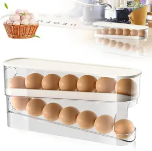 2026 New Egg Holder for Fridge, Egg Organizer for Refrigerator Automatic Scrolling Eggs Rack Holder Rolling Dispenser Stackable Container and Storage for Refrigerator with Lid