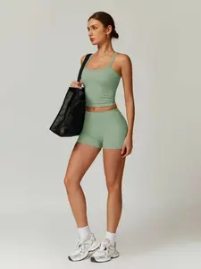 Women's Sporty Quick-Dry Set, Solid Backless Cami Top & High Waist Tummy Control Butt-Lifting Shorts, Ladies Sportswear for Indoor Outdoor Wear, Yoga Gym Running Wear, Pilates Yoga Wear, Activewear, Backless Gym Clothes, Stretchable Activewear