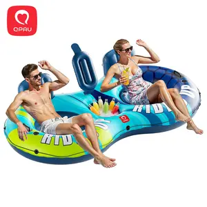 Mother's Day QPAU Inflatable Double River Tube, 2 Person 660lb Capacity, Puncture-Resistant 93" Sturdy Heavy Duty River Float, River Raft with Ergonomic Backrest, Cooler & Cup Holders for Family