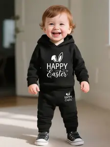 Baby Boy Happy Easter Festive Bunny Hoodie Set, Long Sleeve Fitted Casual, Letter & Rabbit Ear Prints, All Seasons Wear