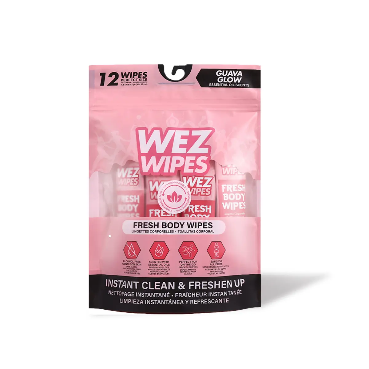 WEZ WIPES Guava Glow Fresh Extra Large Body Wipes | 12 Alcohol-Free Biodegradable Body Cleansing Wipes with Essential Oil Scent | No Rinse Bath Wipes for Gym, Travel, Camping & On-the-Go