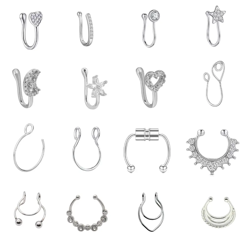 16PCS Fake Septum Hoop Faux Nose Piercing Hoop Clip on Nose Rings Non Piercing Fake Septum Lip Ear Ring Faux Body Piercing Jewelry for Women Men