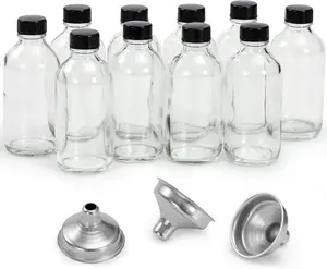 10 Pack, 2 oz Small Clear Glass Bottles w/ Lids & 3 Stainless Steel Funnel - 60ml Boston Round Sample Bottle for Potion, Juice, Ginger Shot, Wellness, Oils, Whiskey, Liquids - Leakproof Travel Bottle