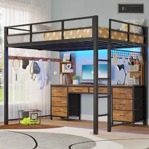 SIKAIC Full Size Loft Bed with L-Shaped Desk, Brown Metal Kids Bed Frame with Charging Station & LED Lights, No Box Spring Required