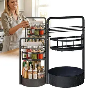 Expandable 2-Tier Rotating Metal Lazy Susan Spice Rack, Height-Adjustable Non-Slip Storage Organizer for Home Cooks, Kitchen Countertop & Cabinet Holder for Spices, Oils, Seasonings, Condiments