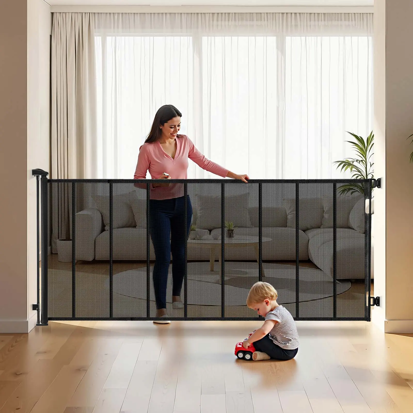 VEVOR Retractable Child-Proof Barrier Net Gate, 163.3 in Wide Extendable, 39 in Tall, Reinforced Fiberglass Strips, Damage-Free Baseboard Fit, Sheer Soft BPA-Free PVC Mesh, for Decks, Doorways, Black#BacktoSchool