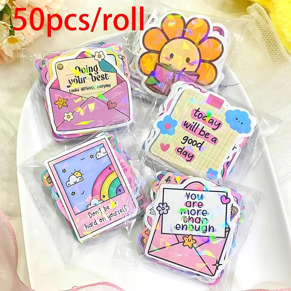 50 Holographic Shiny Irregular Shape Stickers - Positive Motivational Word Glitter Stickers, Suitable for Laptop Decoration, Phone Decoration, E-Reader Accessories, Reader Gifts, and Other Fun Designs, Reflective Stickers
