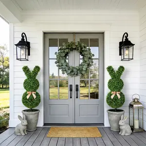 VeriNatural 36'' Boxwood Bunny Topiary (2 Pack) – UV-Resistant Artificial Rabbit Trees with Black Pots, Indoor & Outdoor Easter Spring Porch Decor