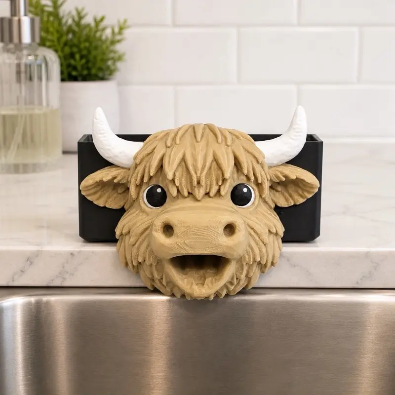 Highland Cow Sponge Holder - Farmhouse Kitchen Accessory, Realistic Cow Design Draining Storage Holder for Soap
