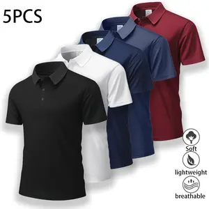 Pack of 5 Men’s Polo Shirts - Men’s Shirts, Solid Color Button-Front Basic Casual Style, Versatile Bowling/Golf Apparel for Everyday & Summer Business Wear, Wetsuit Beige Option