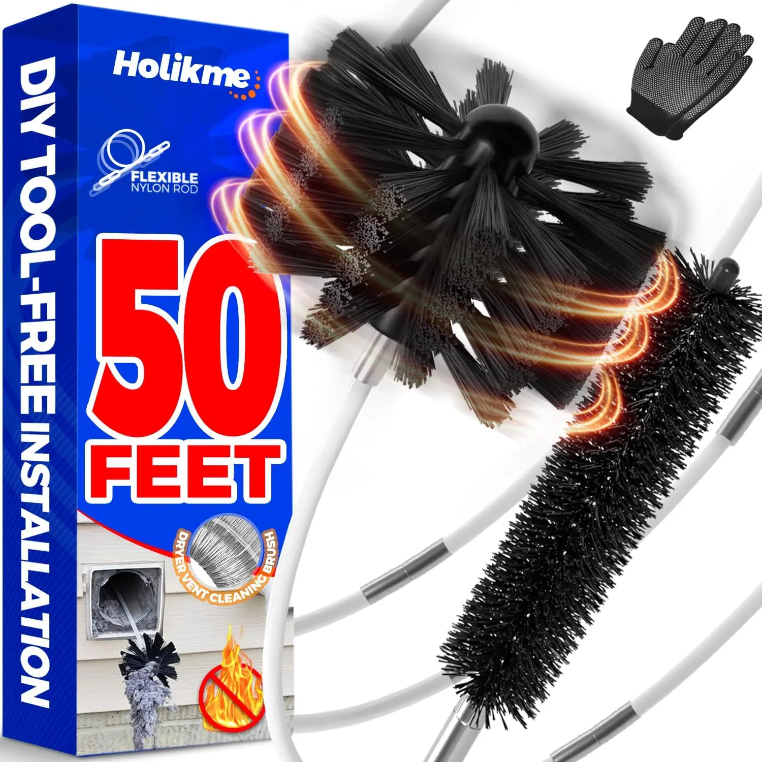 Holikme 50Ft Dryer Vent Cleaner Kit, Flexible Lint Brush with Nylon Rods, Synthetic Brush Head & Drill Attachment, Lint Removal Tool for Dryer Duct Cleaning, Easy DIY Assembly