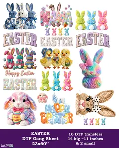 Easter DTF Gang Sheet: 16 Ready To Press Transfers - 23x60, 14 Big & 2 Small, Full-Color Printing, Same/Next Day Shipping Faux Yarn Gansheet