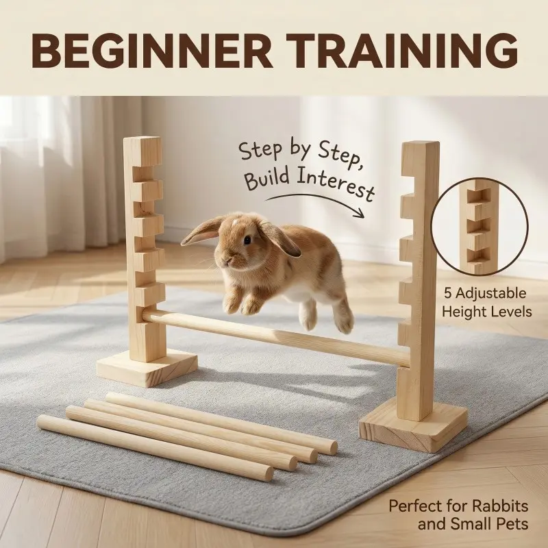 Rabbit Agility Training Rack, Training Aid, Small Pet Toy, 5 Height Adjustable Levels, Wood Texture, Tool-Free Assembly, Pet Exercise Equipment