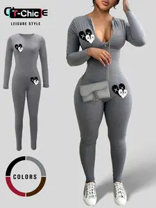 Women's Heart Print Zipper Jumpsuit, Casual Long Sleeve Round Neck Jumpsuit for Daily Wear, Womenswear, Ladies Clothes for All Seasons