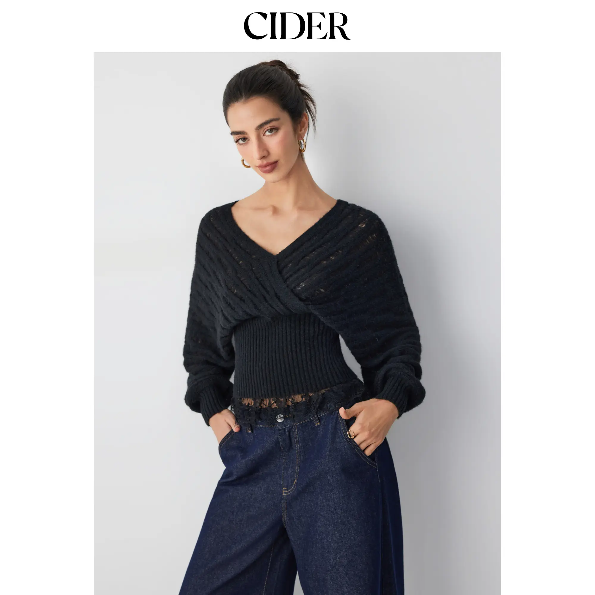 Cider Women's Plain Semi-Sheer V-Neck Surplice Knit Sweater, Long Sleeve, Polyamide-Acrylic Wool-Blend, Contrast Lace Trim, Pull On, Solid