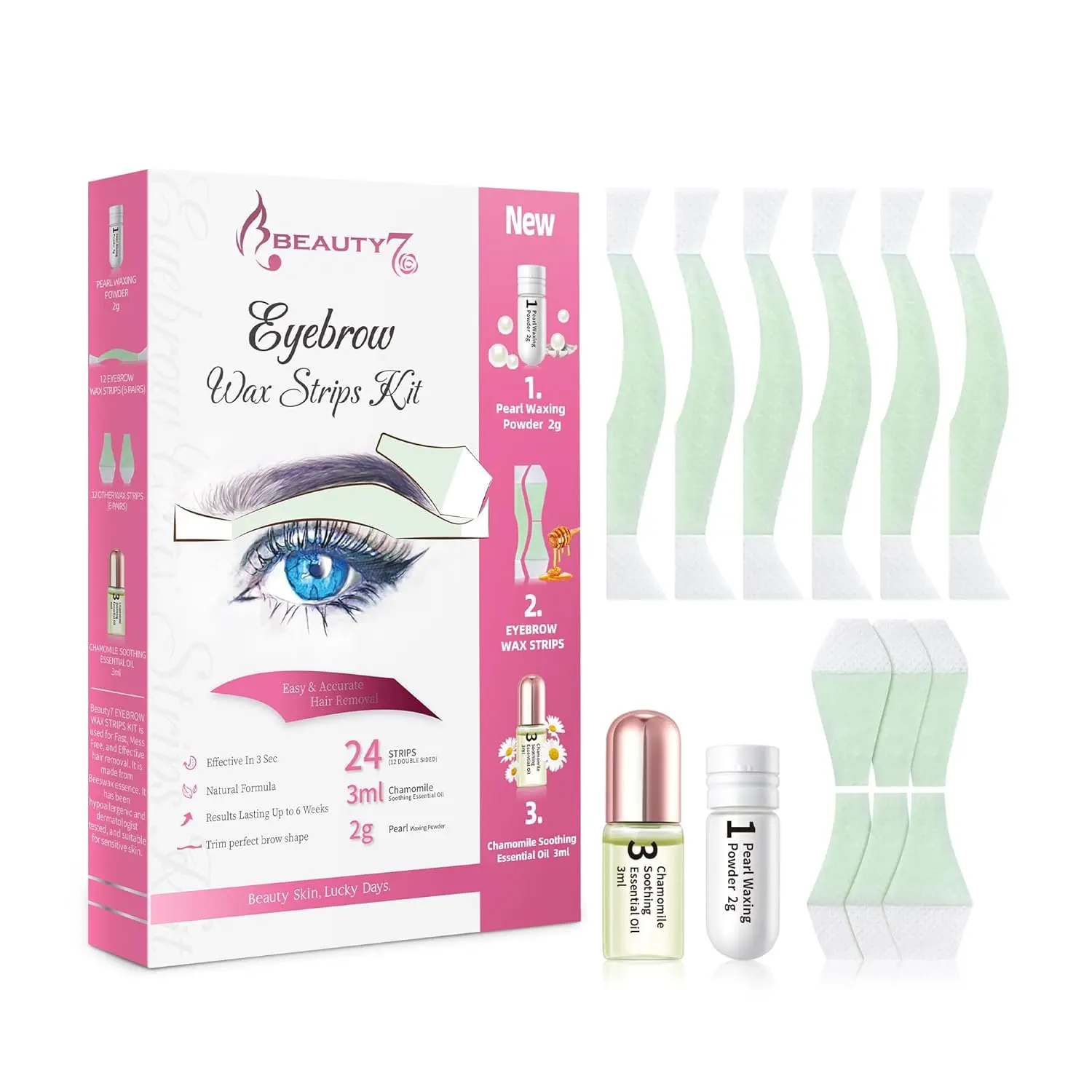 Beauty7 Eyebrow Wax Strips Kit, 24 Hypoallergenic & Double-Sided Cold Wax Strips with Beeswax Blend for Root Removal on Sensitive Skin, Home Waxing Kit, Hypoallergenic Wax