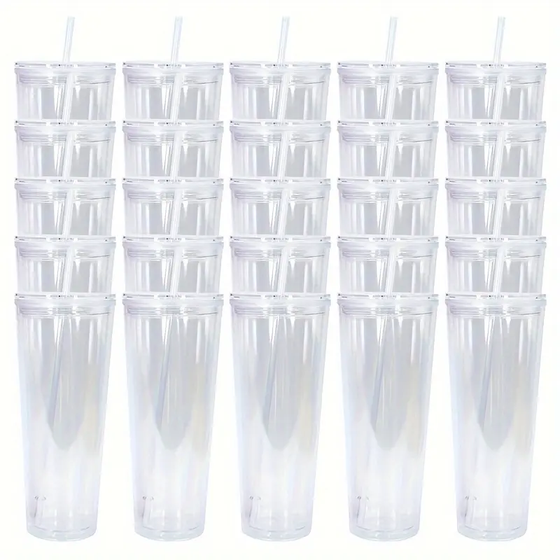 25Pcs 24oz Acrylic Double Wall Plastic Tumbler With Plastic Lids And Plastic Straws, Blanks Water Bottle For Ice Coffee Juice Whisky Soda Drinks Snow Globe Tumblers With Predrilled Hole For DIY