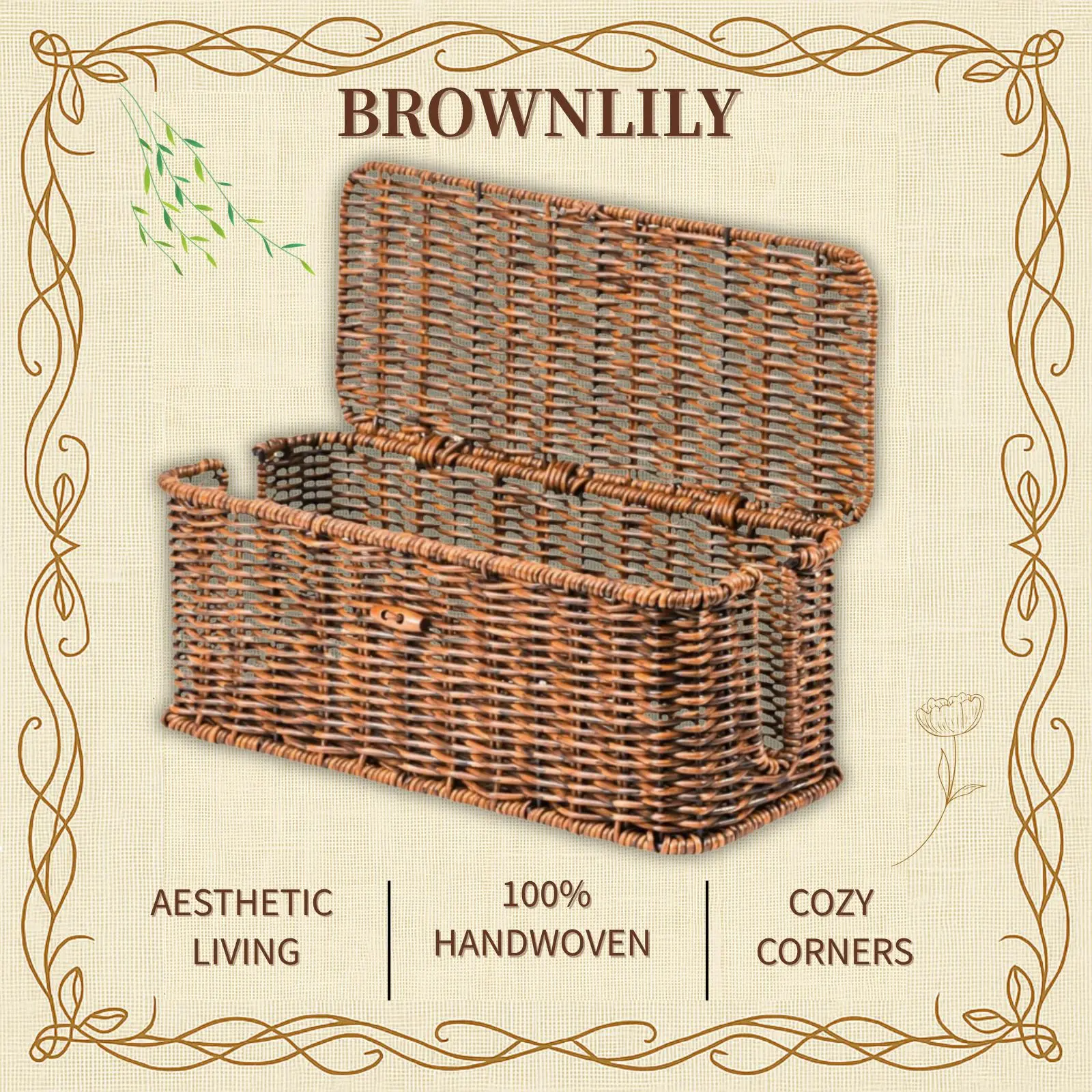 BROWNLILY Rattan Cable Management Box and Wicker Cord Organizer, Toilet Tank Top Shelf Rattan Decor Cable Hider for Under Desk, TV & Home Office Storage, with Lockable Lid, Baby Proof, Pet Proof, Power Strip & Outlet Cover