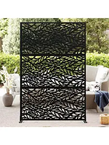 Gaomon Modern Galvanized Steel Privacy Screen - 72" H x 47" W 3-Panel Freestanding Outdoor Divider with Stand, Leaf Cutout Design, Ground Fixing, Hardware, Decorative Fence for Patio, Garden
