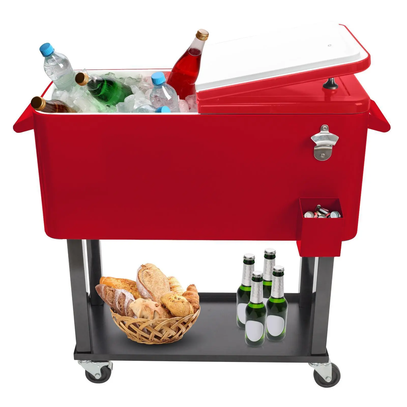 【Summervibes】Ubesgoo 80 Quart Rolling Ice Chest, Portable Bar Drink Cooler with Catch Basin, Bottom Storage Tray and Bottle Opener for Patio Party BBQ Beach Activities