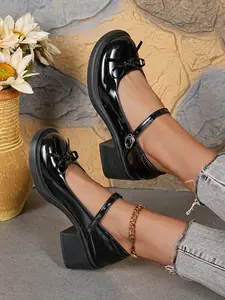 Women's High Heel Single Shoe Butterfly Decoration, Classic Shiny Versatile High Heel Shoes, Artificial Leather Party Style, Classic Mary Jane