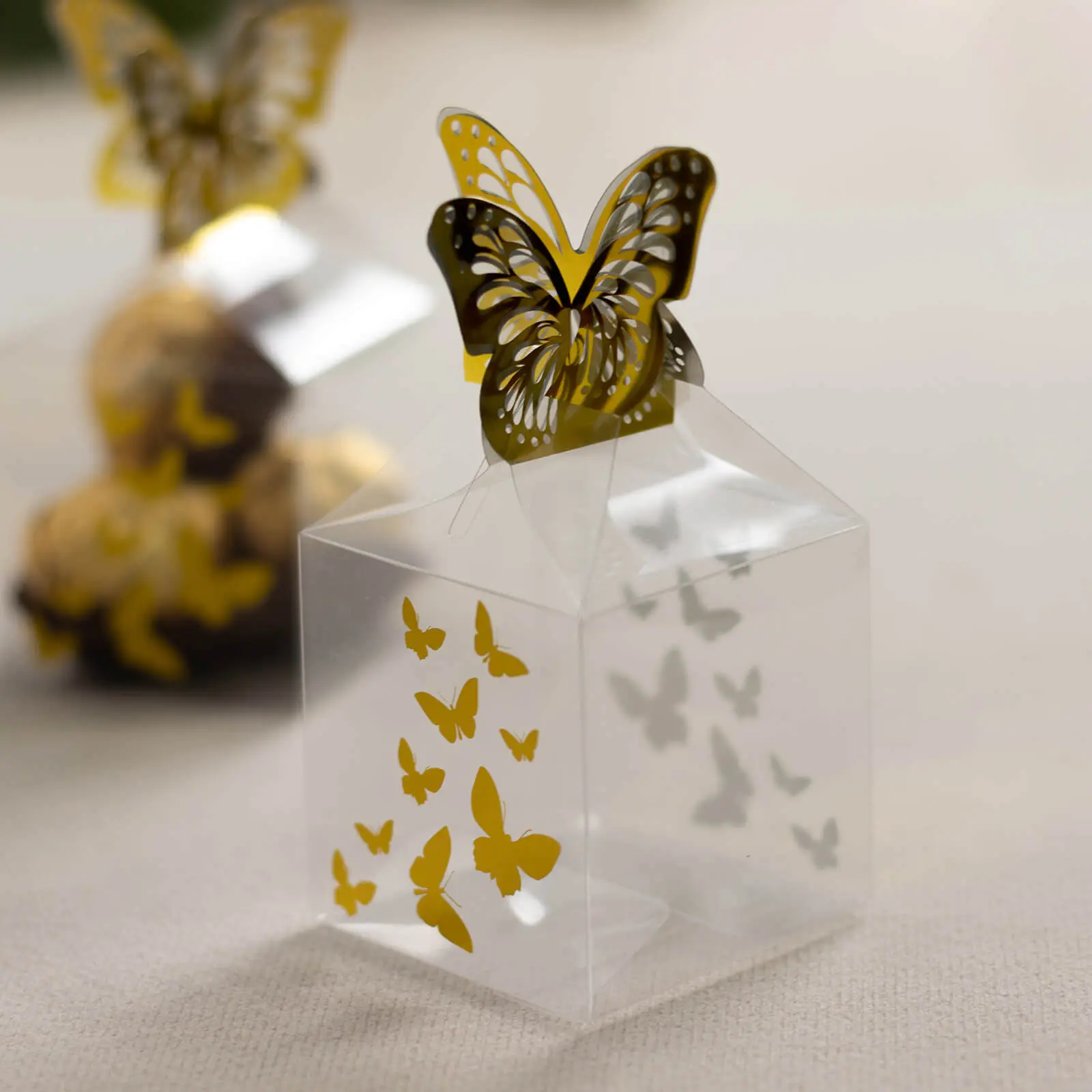 25 Pack Clear Plastic Square Candy Gift Boxes with Gold Butterfly Top, Transparent Party Favor Treat Boxes - 2"x2"x4"