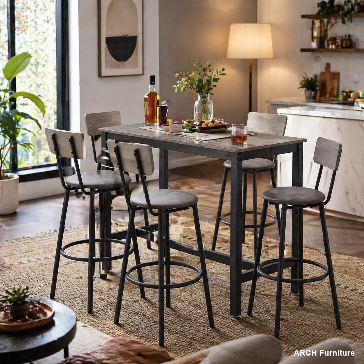 ARCH Table Chairs Set, 4-Piece Indoor Bar Table with 4 PU Soft Seat Backrest Bar Stools, Grey, 47.24in L x 23.62in W x 35.43in H, Dining Table Set Of 4, Four Seats