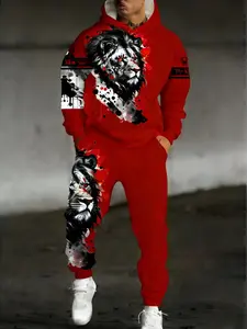 American Street Style Red Lion Print Hoodie Set Men's Casual Sports Two-Piece Suit