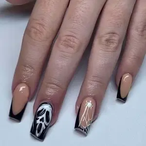 24pcs Halloween Ghost Face Nail Art, Removable Nail Art, Spider Web Decor False Nails, Long Ballet Shape Nail Stickers, Party Makeup Accessories