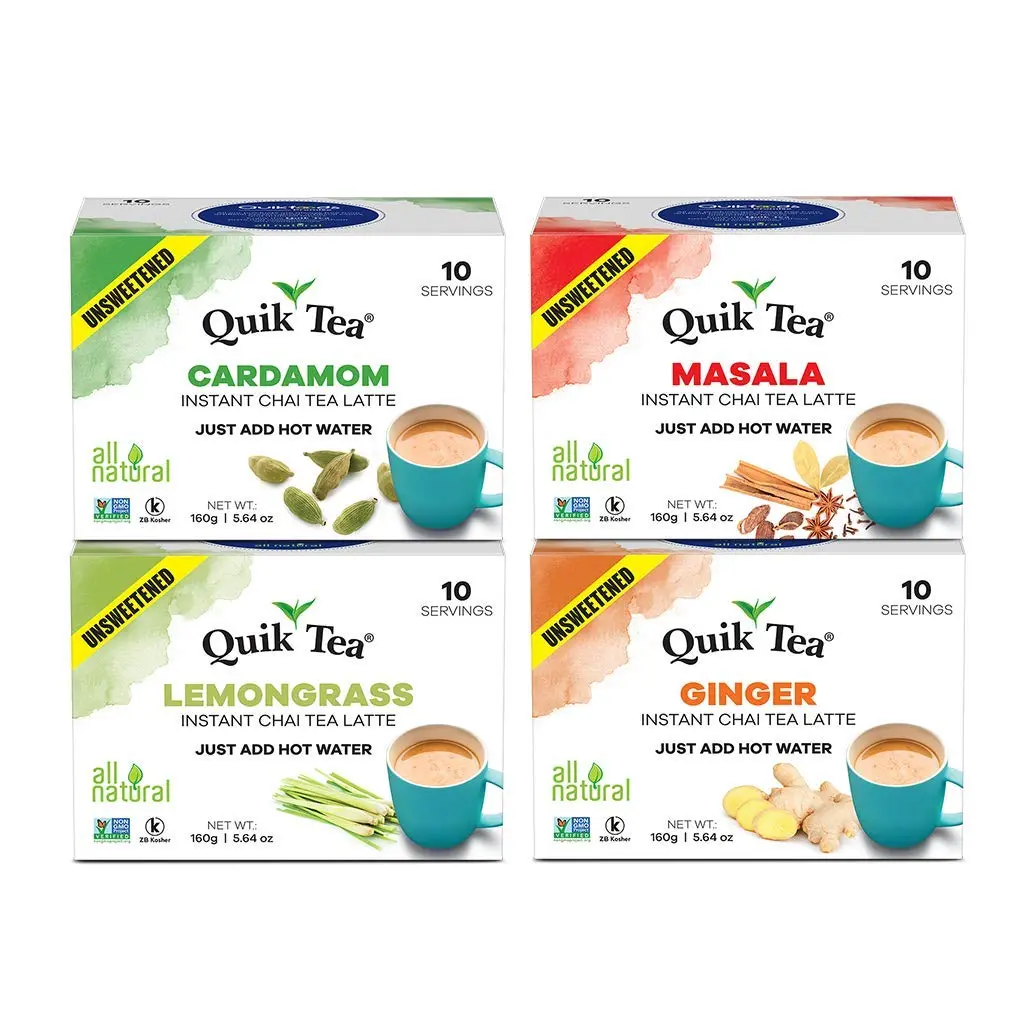 QuikTea 4 Flavors Unsweetened Variety Pack, Cardamom/Masala/Ginger/Lemongrass, 40 Oz- (Pack of 4)