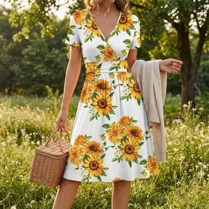Women's Sunflower Dress Sierra - V-Neck Short Sleeve High-Waist A-Line Midi Dress | Summer Casual Vacation Floral Dress