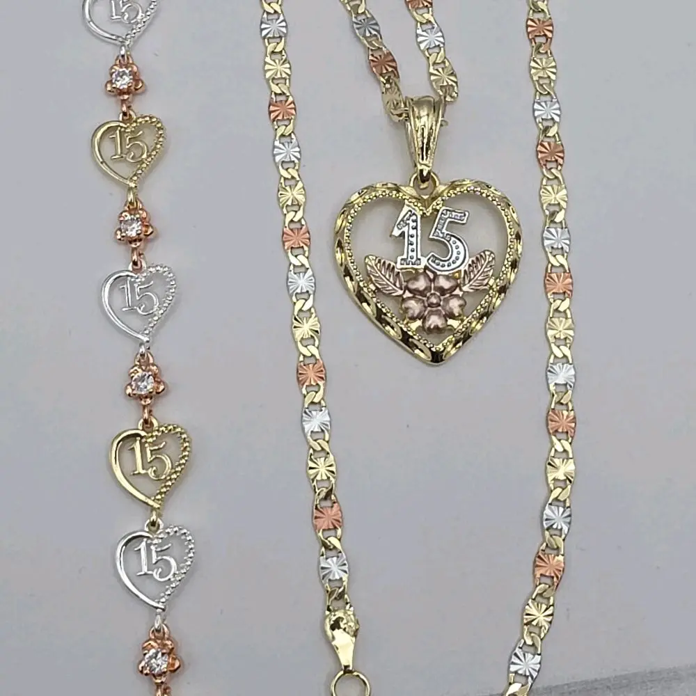 15TH year's beautiful heart's set chain 20"inches bracelet 6 to 7inches three colors Gold-plated perfect gift for birthday