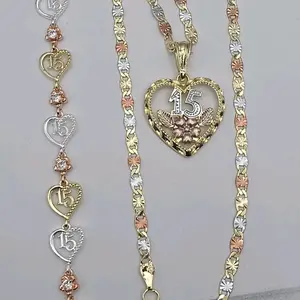 15TH year's beautiful heart's set chain 20"inches bracelet 6 to 7inches three colors Gold-plated perfect gift for birthday