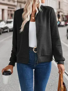 Women's Solid Color Zipper Long Sleeves Lightweight Fitted Jacket, Fall Casual Basic Outerwear, Comfortable Daily Wear, Stylish Minimalist Womenswear