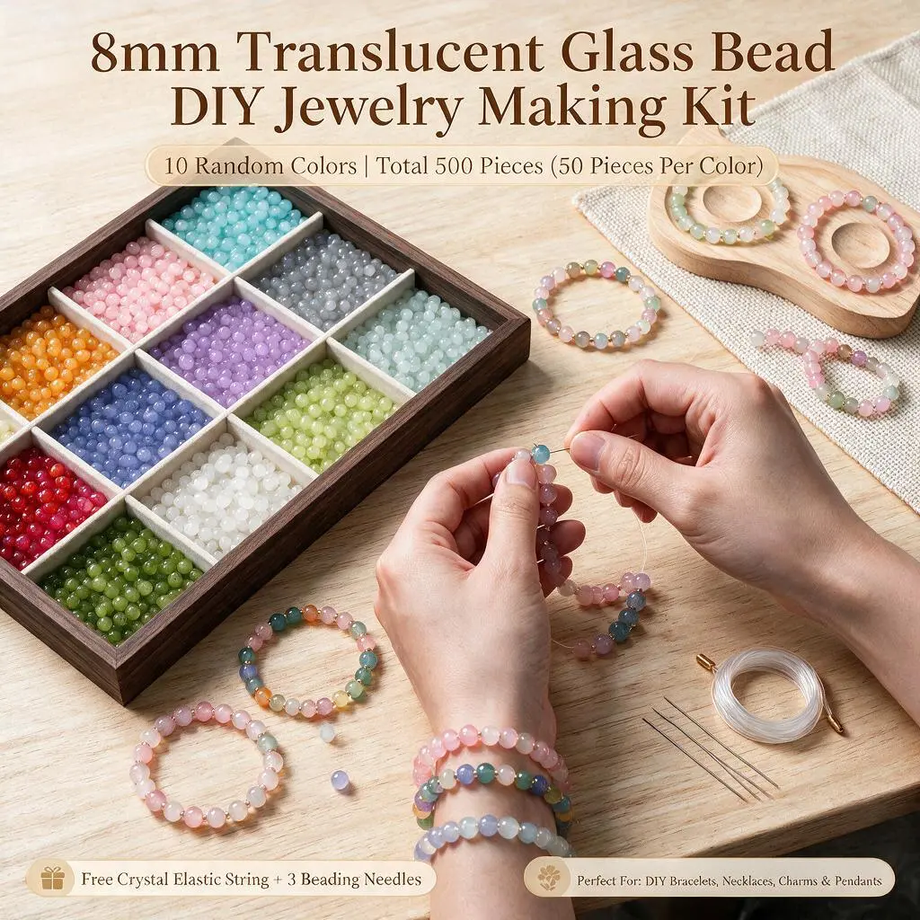 Unisex DIY Beading Crafting Kit, 500 Pcs 8mm High Transparent Colorful Glass Round Beads, 10 Solid Color Shades, Elastic String, Beading Needles, DIY Supplies for Friendship Bracelets, Necklaces & Jewelry Making