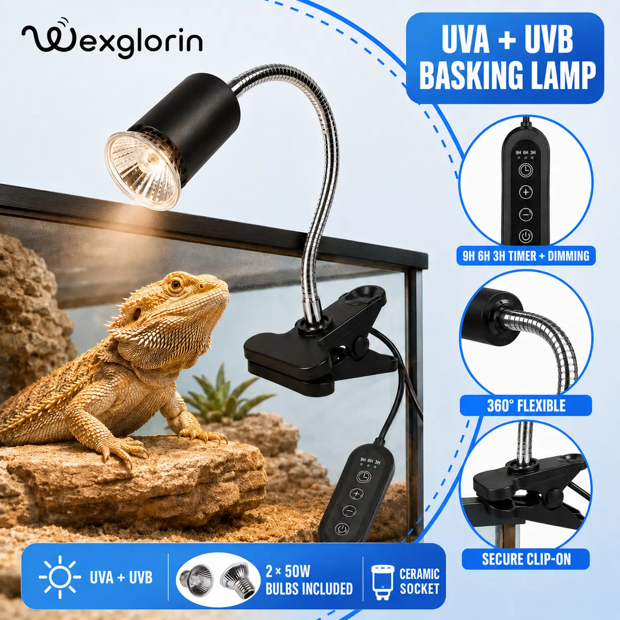 Dimmable UVA UVB Reptile Heating Lamp - 50W with 3/6/9H Timer, Metal Gooseneck Clip-On, Targeted Warmth for Bearded Dragons