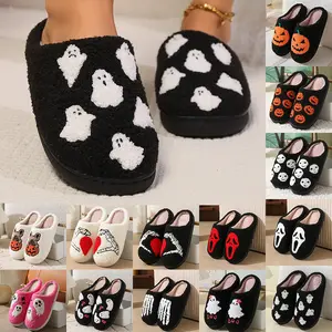 Cotton Slippers Women Men Winter Shoes Pumpkin Print Warm Plush Anti-slip Couples Indoor Home Footwear