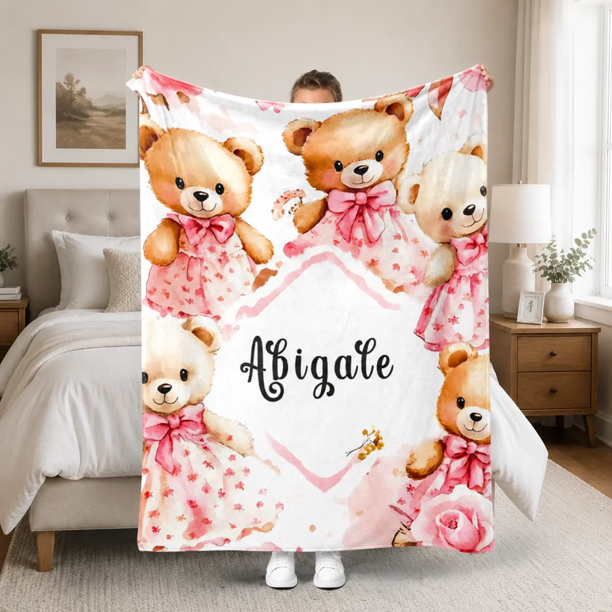 1 Personalized Cute Pink Teddy Bear Print Custom Flannel Blanket, Family's Choice, Soft and Warm Flannel Blanket with Custom Name, Suitable for Families, Skin-Friendly and Soft Flannel Blanket, Modern Style Design, Room Decor, Bed Blanket