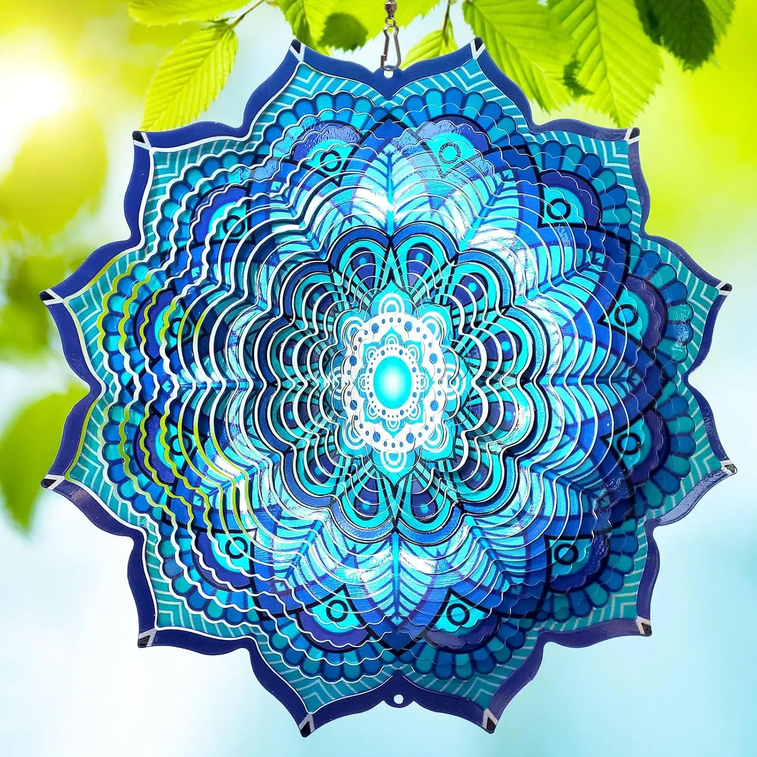 3D Kinetic Mandala Stainless Steel Laser Cut Wind Spinner with 360° Swivel Hooks, 3D Ripple Effect, Holographic Spin, Crystal Tail - Sunlight Shine Chimes for Outdoor Yard Decor - Meditation Zen Mother’s Day Gift for Mom, Grandma